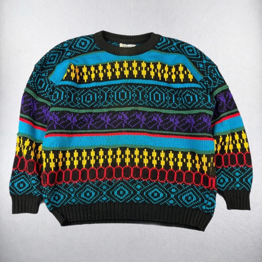 VTG Domani Sweater Mens Large Multi Geometric Fair Isle Knit Crew Neck Pullover